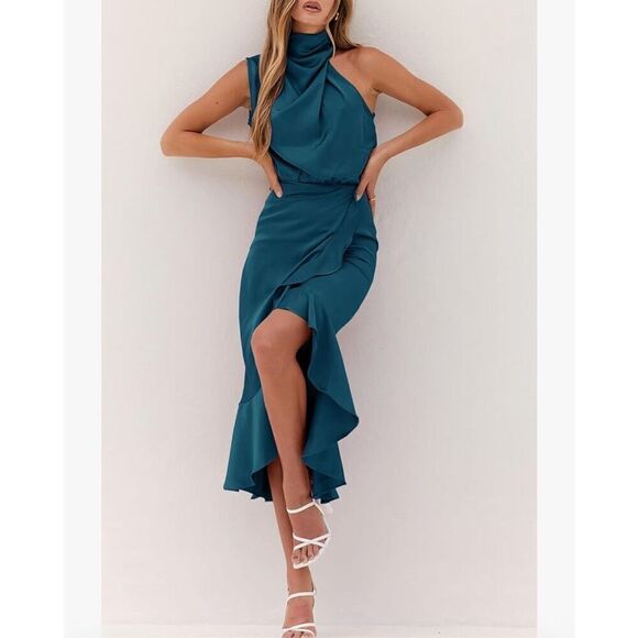 NEW Satin Sleeveless Mock Neck Wrap Mermaid Hem Maxi Dress XL - Picture 3 of 8